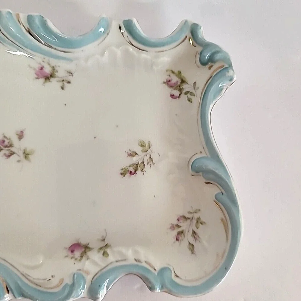 Vintage German Porcelain Tray Design of Small Purple Flowers w/ Blue & Gold Trim